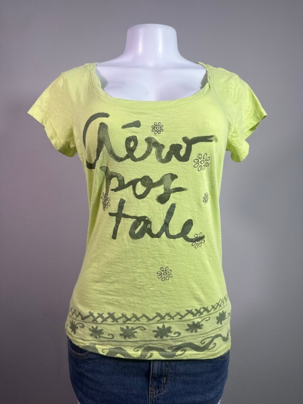 aero t-shirt lime green graphic floral scoop neck XL/TG